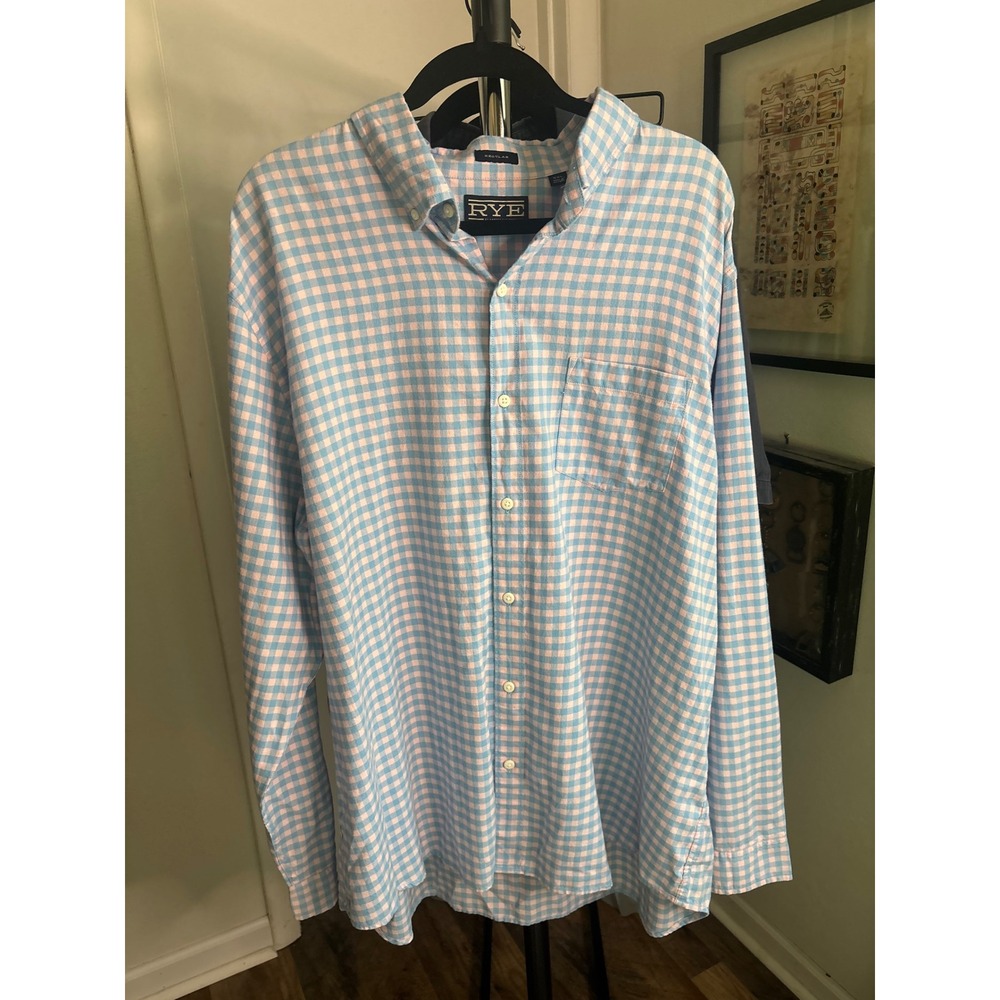 Rye by Hawker Rye Mens XXL Blue Pink Gingham Long Sleeve Cotton Oxford Shirt NWT